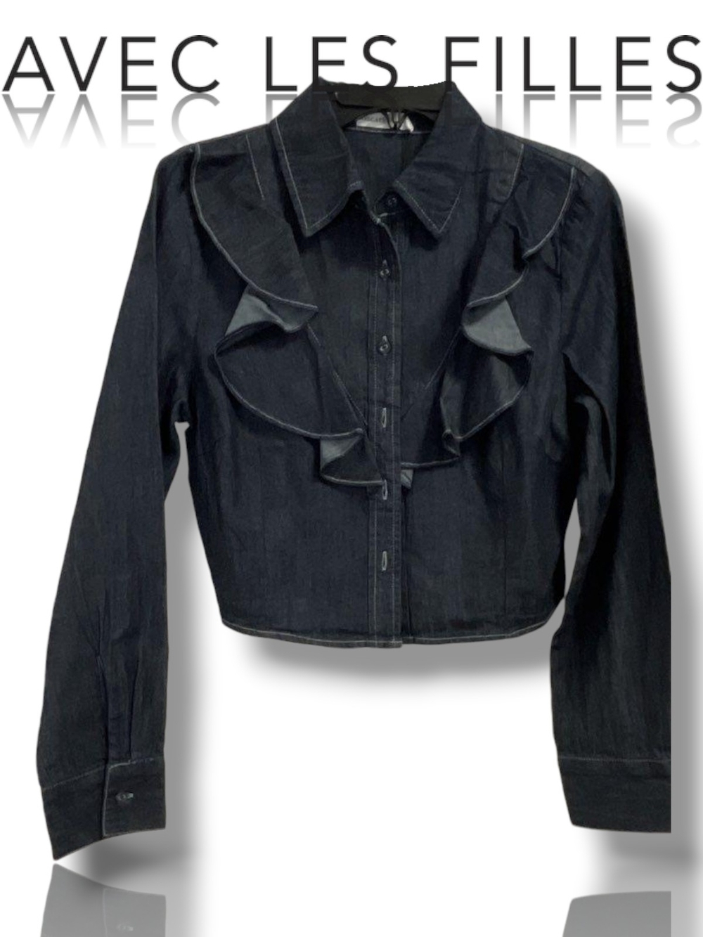 Avec Les Filles Denim Ruffle Cropped Jacket Shacket Button Up Shirt NWT Size M